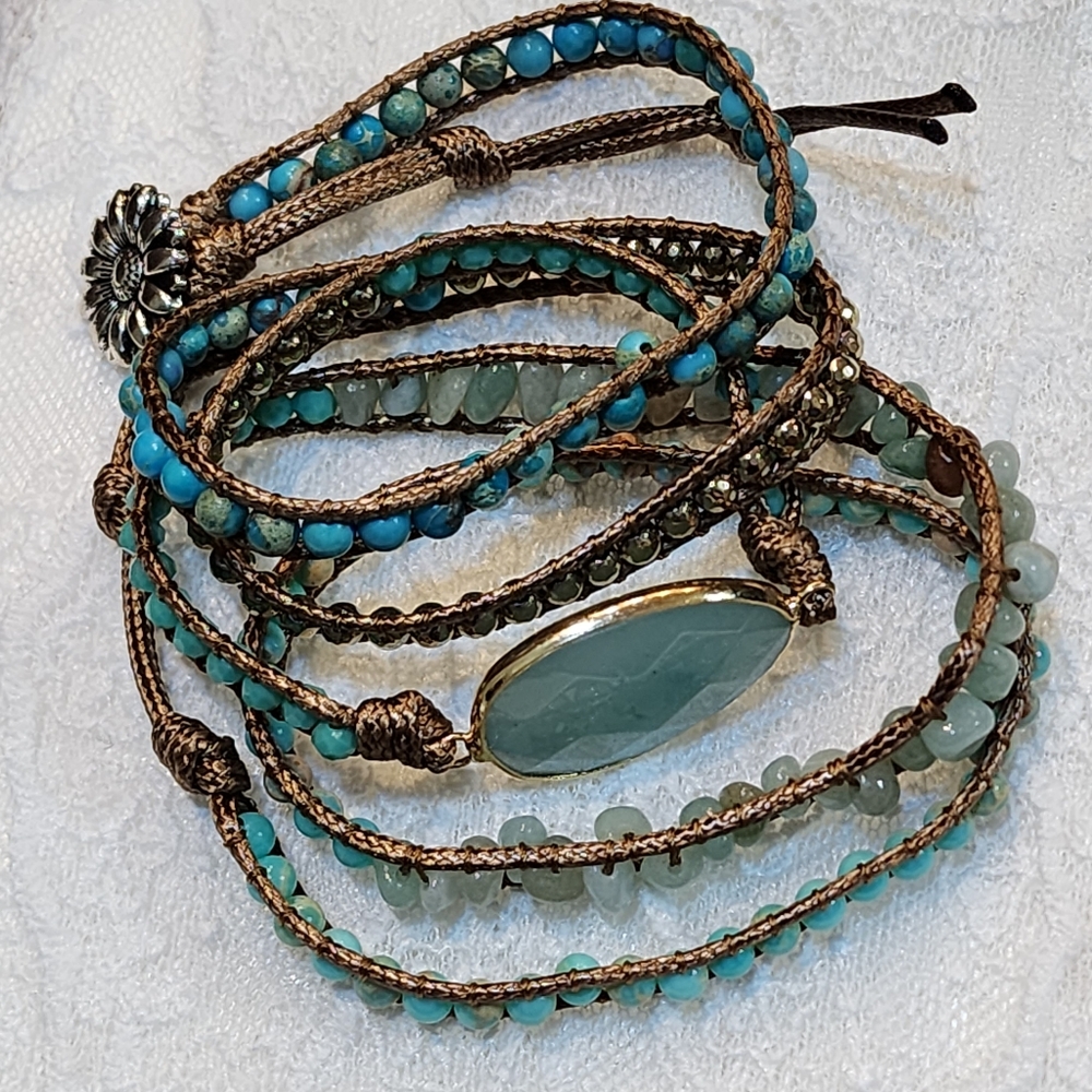 Boho Style Wrap Bracelet, Natural Stone Glass